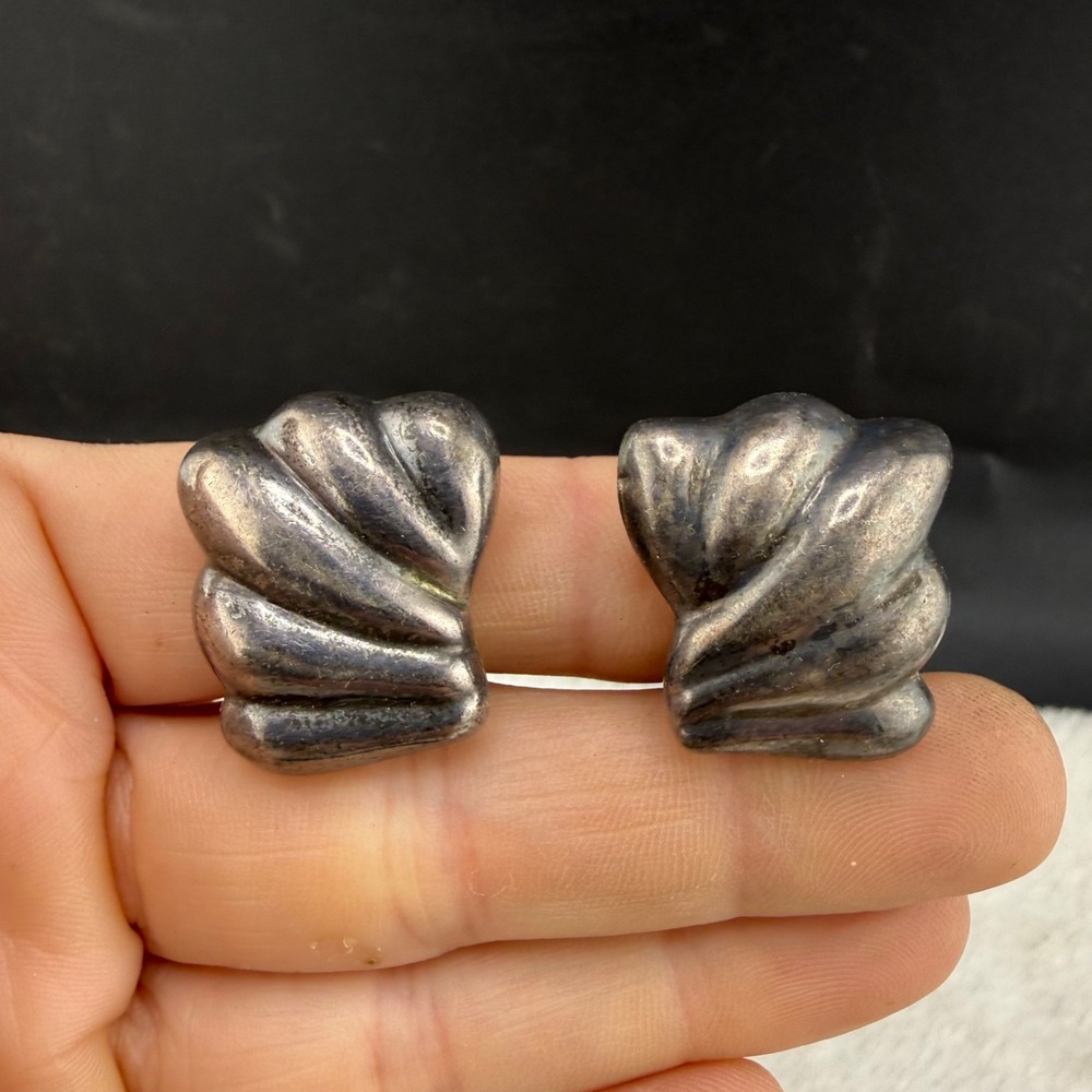 Vintage Taxco Earrings Silver Clip On Ribbed Shell Scalloped 925 Mexico